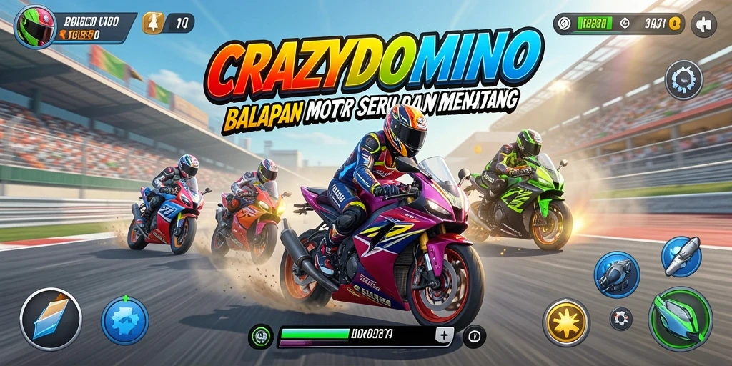 Screenshot gameplay CRAZYDOMINO menampilkan balapan motor yang intens dan seru.