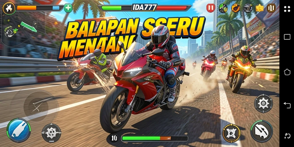 Tampilan gameplay balapan motor yang seru dan mendebarkan.